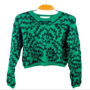 Adrienne Vittadini Vintage Cropped 100% Wool Green Squiggle Sweater Size S